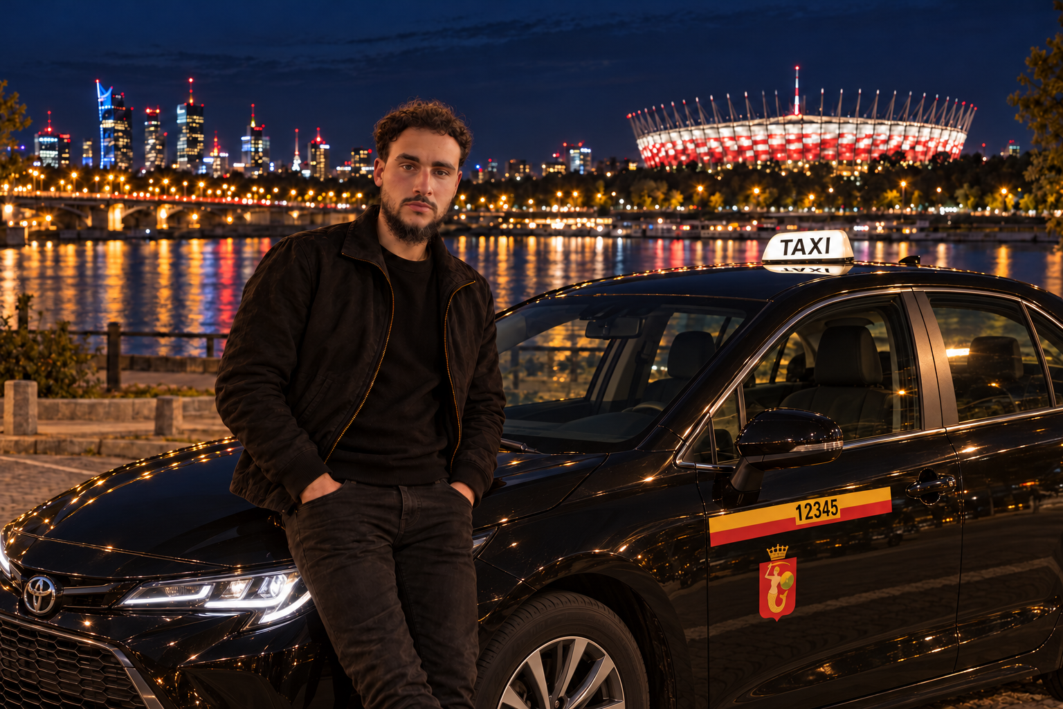 Wizualizacja Mikołaja przy czarnym sedanie taxi z lampą TAXI, pasem żółto-czerwonym, przykładowym numerem bocznym i herbem Warszawy